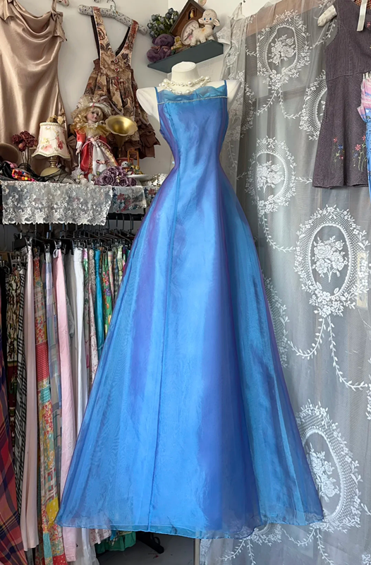 Blue satin fitted waist A-line maxi ball gown R6131