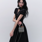 Black Satin V Neck Mini Dress Women With Puff Sleeves And Bow Detail R9437