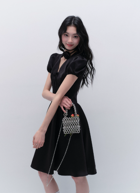 Black Satin V Neck Mini Dress Women With Puff Sleeves And Bow Detail R9437