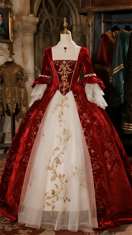 Red vintage long sleeve slim waist puffy skirt ball gown, bridal gown R6091