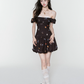Brown Floral Print Off The Shoulder Mini Dress With Lace Trim And Bubble Skirt R9434
