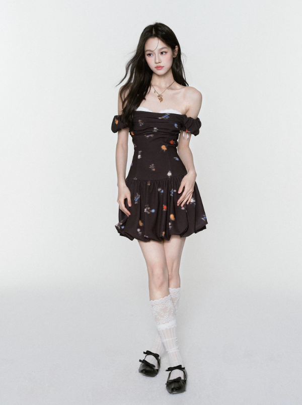 Brown Floral Print Off The Shoulder Mini Dress With Lace Trim And Bubble Skirt R9434