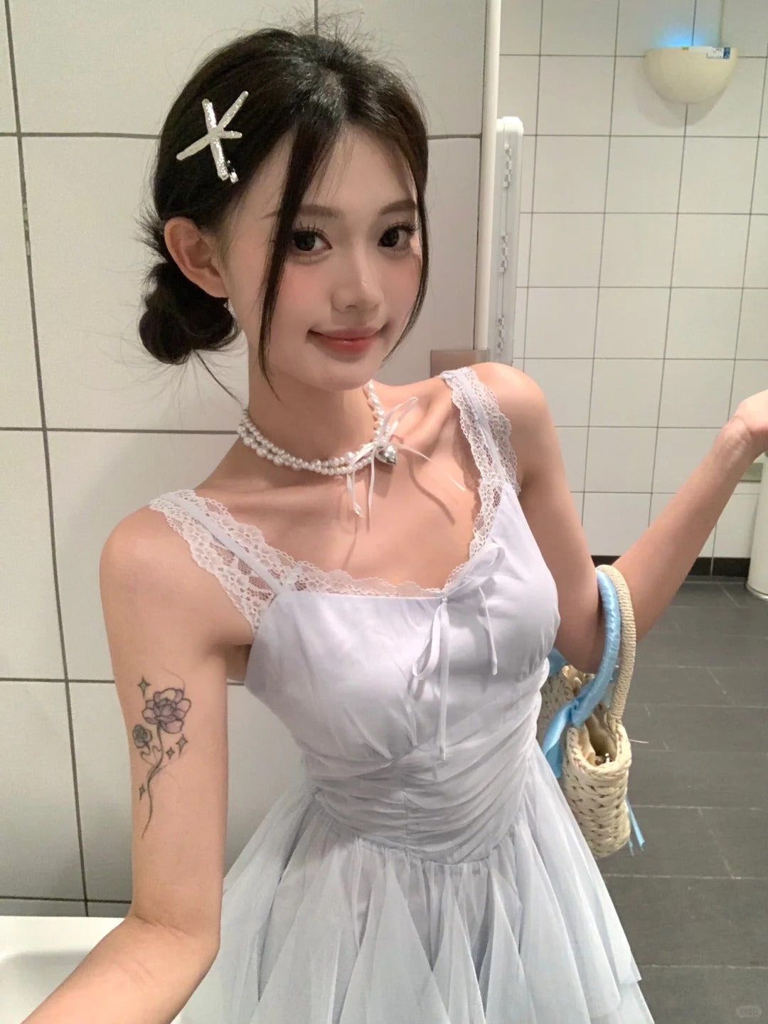 Soft Girl Lace Cami Fairy Dress in Light Blue R9157