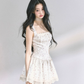 Fairycore White Floral Slip Dress with Lace Trim, Tiered Skirt and Spaghetti Straps R9275