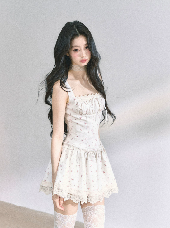 Fairycore White Floral Slip Dress with Lace Trim, Tiered Skirt and Spaghetti Straps R9275