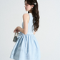 Retro Preppy Light Blue Sleeveless Dress, Peter Pan Collar with Bow Waist A-Line Mini Dress R9333