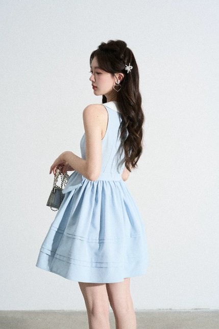 Retro Preppy Light Blue Sleeveless Dress, Peter Pan Collar with Bow Waist A-Line Mini Dress R9333