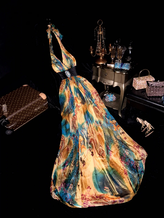 Yellow and blue color-blocked halter neck fitted waist long ball gown R6889