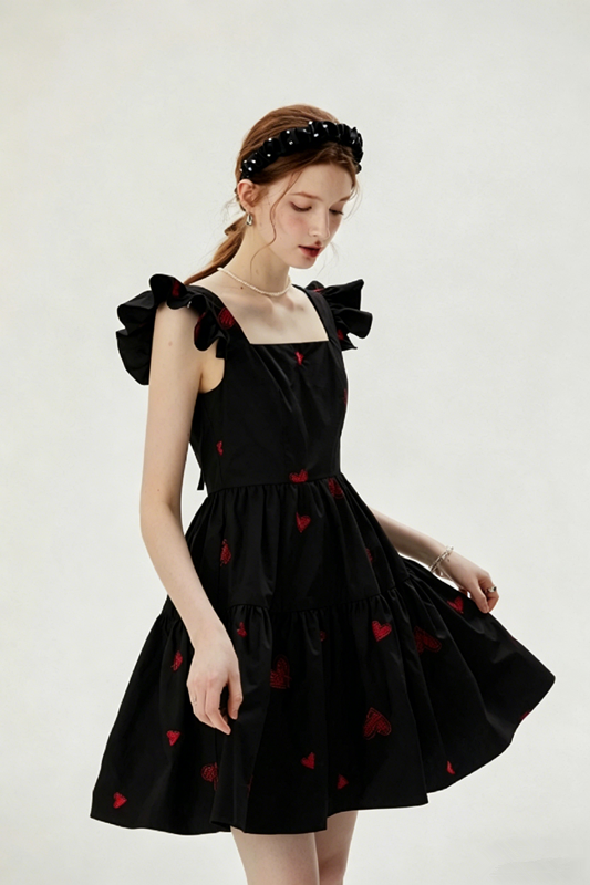 Black Heart Embroidered Mini Dress Women With Ruffled Cap Sleeves R9463