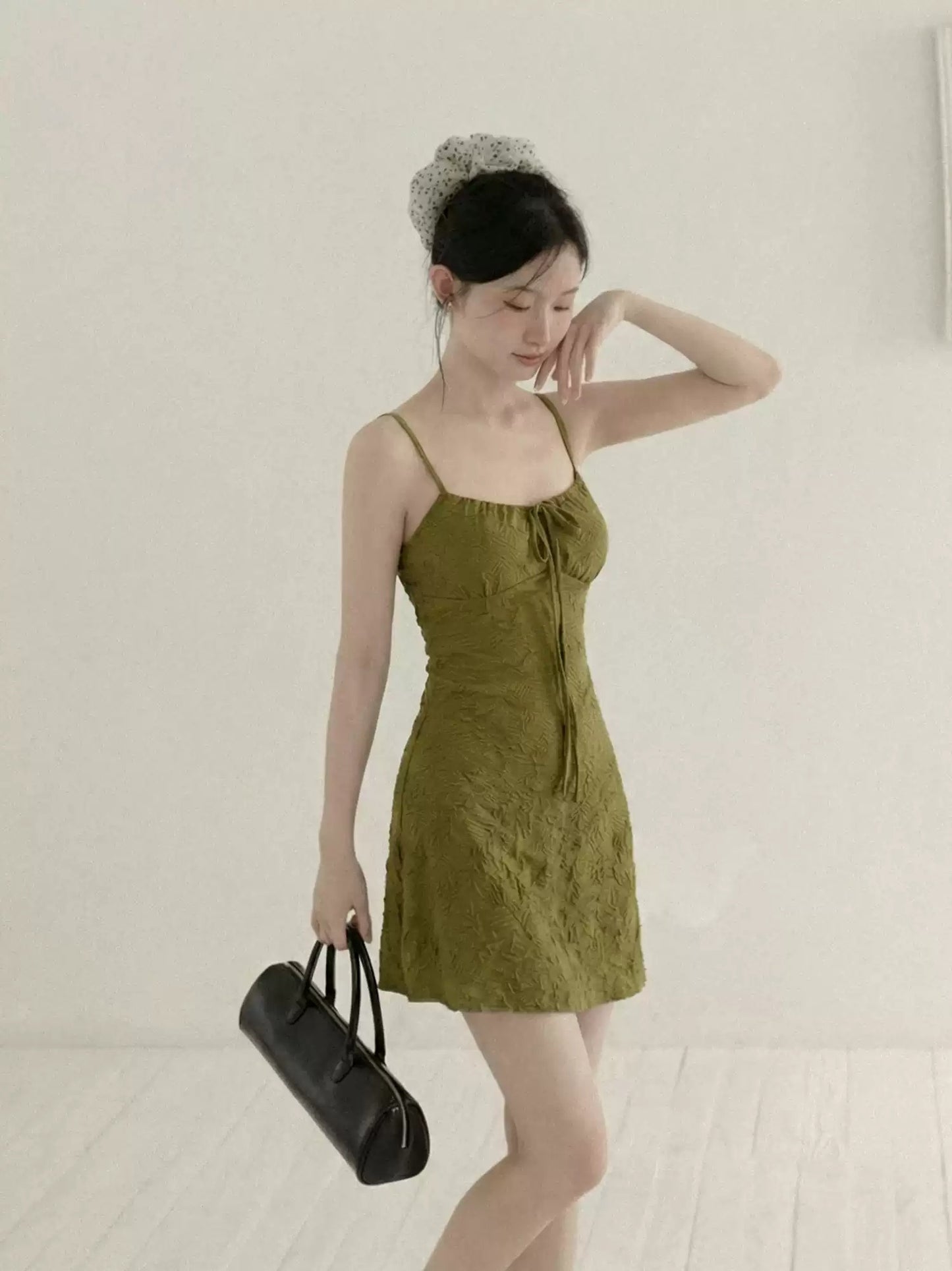 Olive Green Lace Cami Mini Dress with Tie Front R9172