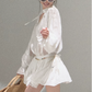 Bohemian Style White/Olive Green V-Neck Long Sleeve Mini Dress with Waist Tie R9362