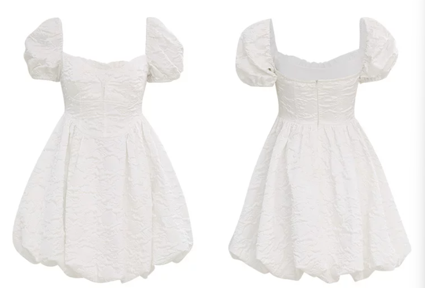 White A-Line Mini Dress Women With Puff Sleeves And Square Neck R9458