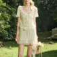 Boho White Lace Mini Dress with Tiered Ruffles, Sheer Layers and Tie-Front Design R9263