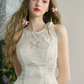 Cream White Halter Mini Dress with Jacquard Fabric, Bow Detail, Open Back and Flared Skirt R9261