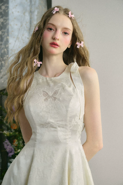 Cream White Halter Mini Dress with Jacquard Fabric, Bow Detail, Open Back and Flared Skirt R9261