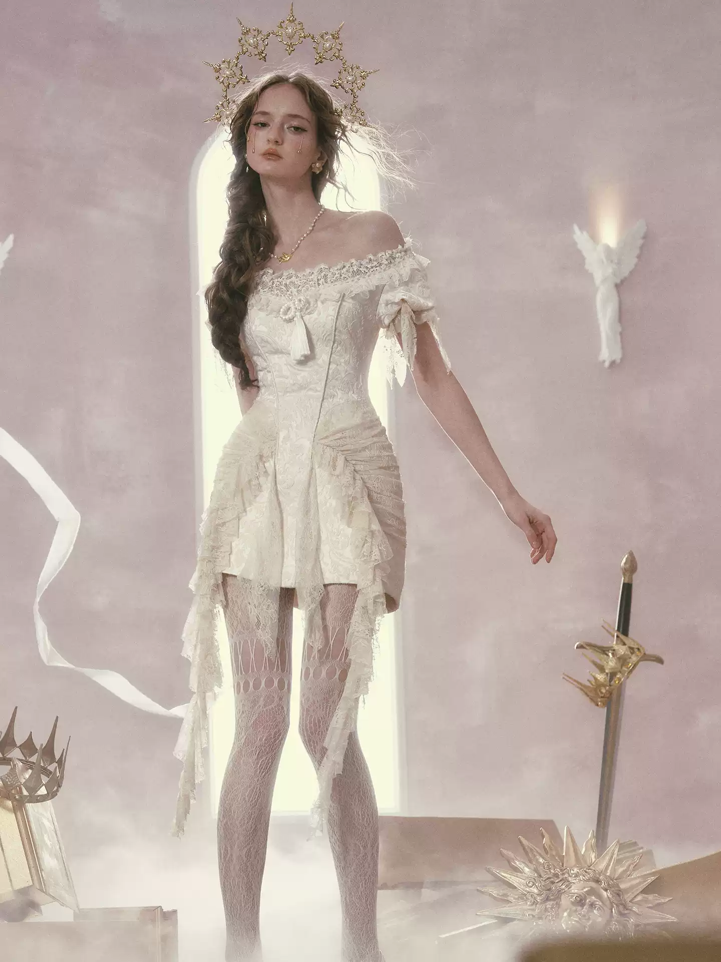 Stylish White Corset Dress Lace Detail Asymmetrical Design R9199