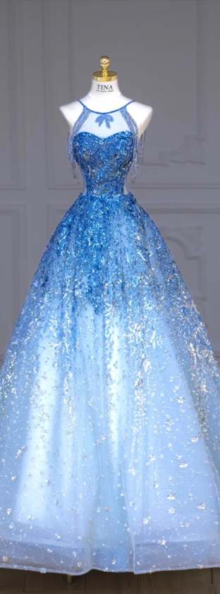 Blue Gradient Sequin Fitted-Waist Slim-Fit A-Line Long Ball Gown / Bridal Gown R5891