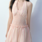 Y2K Style Light Pink Striped Halter Dress High Waist Slim Fit Party Dress R9353
