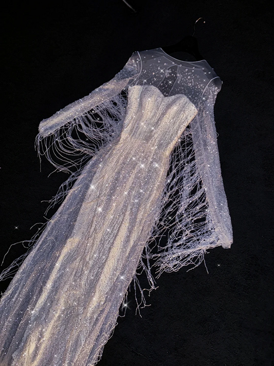 Silver sequined round neck long-sleeved white inner layer fitted waist long ball gown, bridal dress R8796