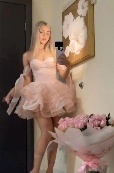 Pink Strapless Fitted Waist Puffy Skirt Homecoming Dress R5440