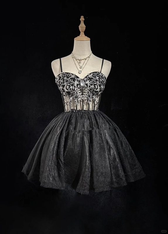 Black suspender lace embroidery waist puffy princess dress homecoming dress R4917
