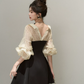 Women's Black & Beige Polka Dot Mini Dress, Puff Sleeve Collared A-Line Dress R9335