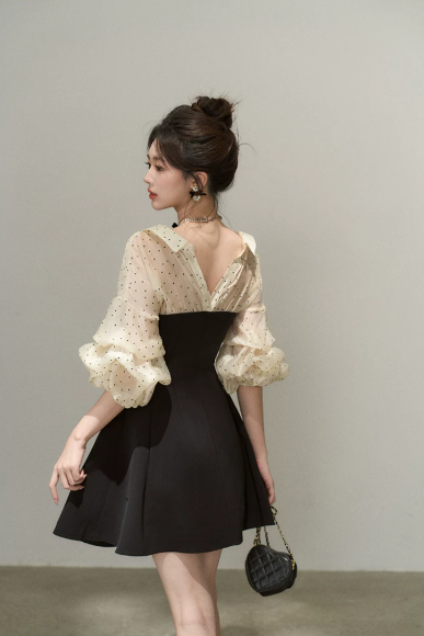 Women's Black & Beige Polka Dot Mini Dress, Puff Sleeve Collared A-Line Dress R9335