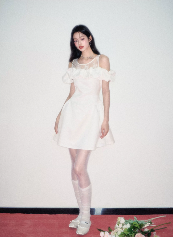 Women French Romantic Style Dress With Sheer Lace Top And Satin Flared Skirt R9415