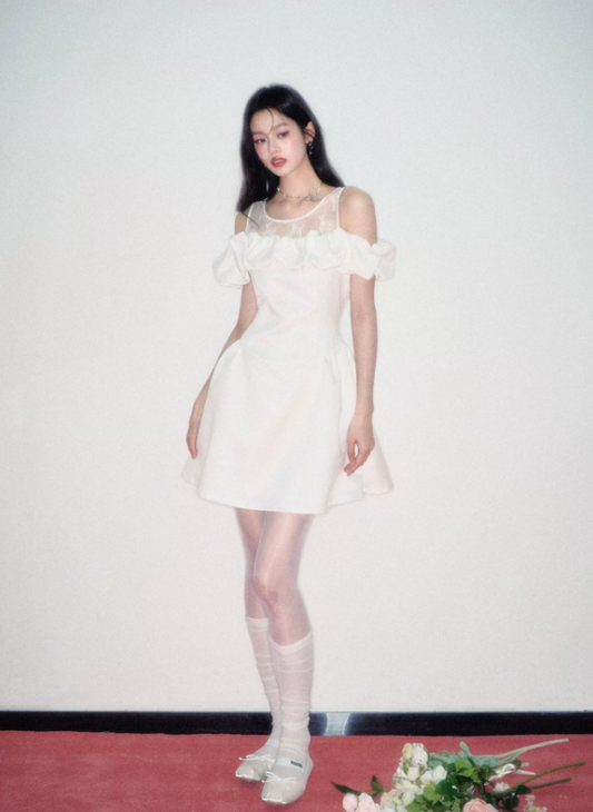 Women French Romantic Style Dress With Sheer Lace Top And Satin Flared Skirt R9415
