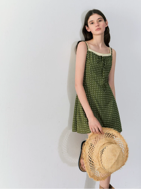 Olive Green Polka Dot Cami Mini Dress with Contrast Trim, Front Tie Detail and A-Line Silhouette R9244