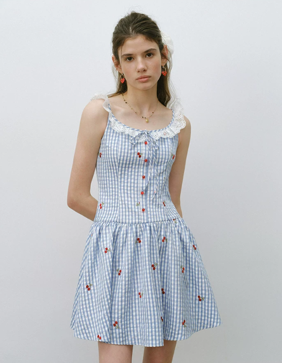 Blue Gingham Cherry Embroidered Mini Dress Women With Lace Trim R9473