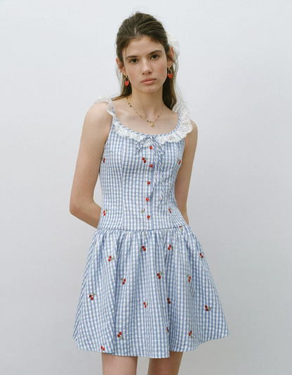 Blue Gingham Cherry Embroidered Mini Dress Women With Lace Trim R9473