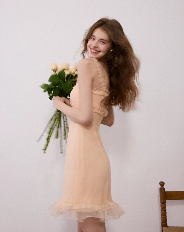 French Vacation Pink Cami Dress Ruffle Trim Mini Dress Summer Slim Party Dress R9465