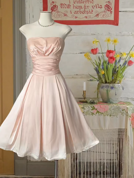 Pink strapless fitted satin mini dress, ball gown R6251