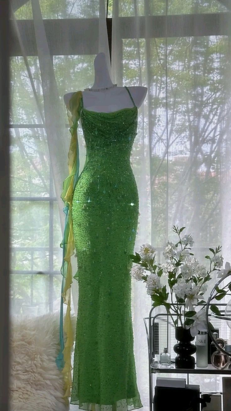 Green suspender sequined waist slim hip sexy dress, prom dress R5420