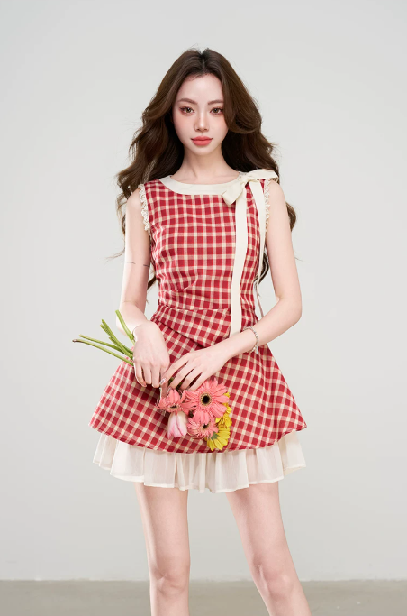 2026 Summer New Red Gingham Dress With Bow Neck And Chiffon Underlayer R9401