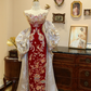 Red strapless embroidered heavy-duty fitted mermaid long wedding dress R6570