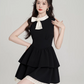 Coquette Black Tiered Mini Dress, Women's Sleeveless Bow Neck Dress with Lace Trim R9326