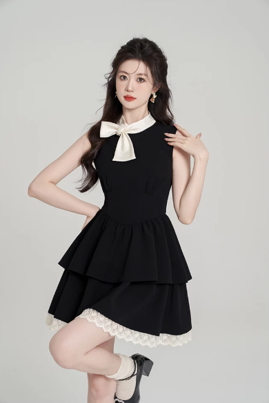 Coquette Black Tiered Mini Dress, Women's Sleeveless Bow Neck Dress with Lace Trim R9326