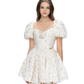 White background puff sleeves floral waist wide skirt short skirt homecoming dress R4796