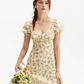 Beige Floral Print Mini Dress Women With Puff Sleeves And Square Neck R9467