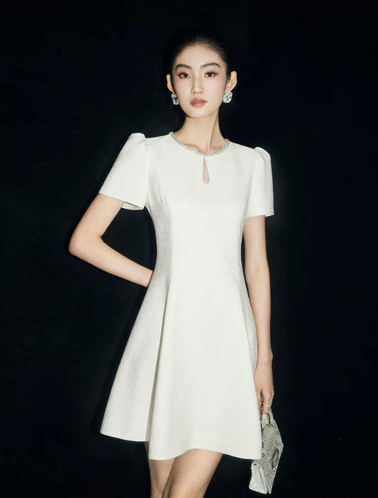 Cream White Short Sleeve Party Dress with Sparkling Neckline R9206