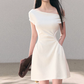 Off-White Off-Shoulder Mini Dress Women Ruched Waist A-Line Dress with Pockets R9361