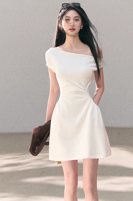 Off-White Off-Shoulder Mini Dress Women Ruched Waist A-Line Dress with Pockets R9361