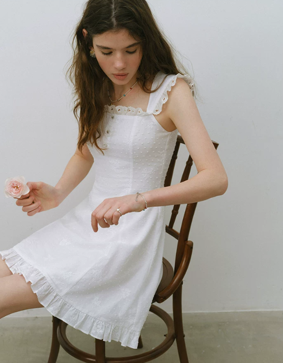 White Swiss Dot A-Line Mini Dress Women With Lace Ruffle Trim R9472