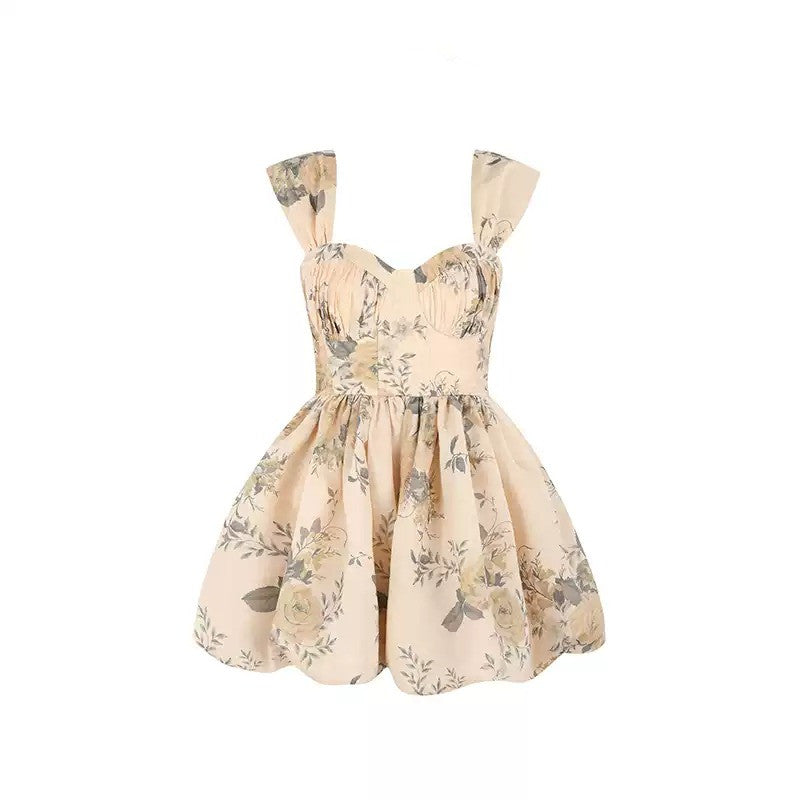 Beige Floral Print Corset Dress with Off-Shoulder Straps and Back Zipper R9185