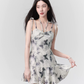Ink Wash Butterfly Print Cami Dress Women With Halter Neck And Bow Straps R9441