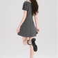 Gray Polka Dot Mini Dress Women With Lace Trim Square Neck And Puff Sleeves R9402