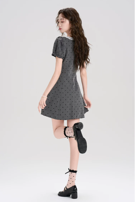 Gray Polka Dot Mini Dress Women With Lace Trim Square Neck And Puff Sleeves R9402