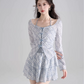 Fresh Blue Plaid 3-Piece Outfit, Women's Long Sleeve Bow Detail Top with Cami and Mini Skirt R9338